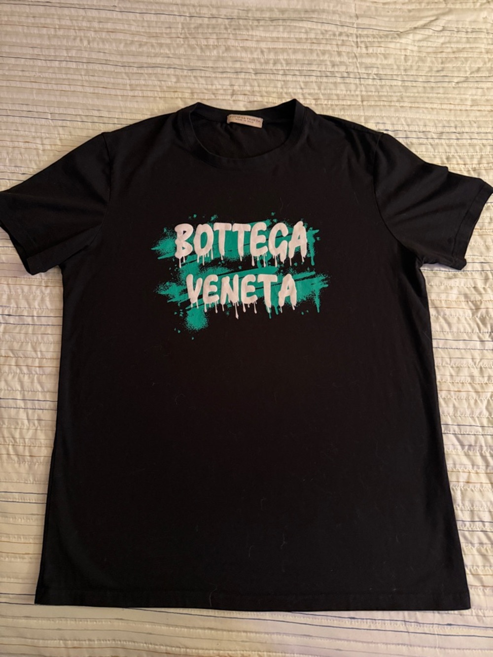 Bottega Veneta Black Tee with Teal Graphic Logo